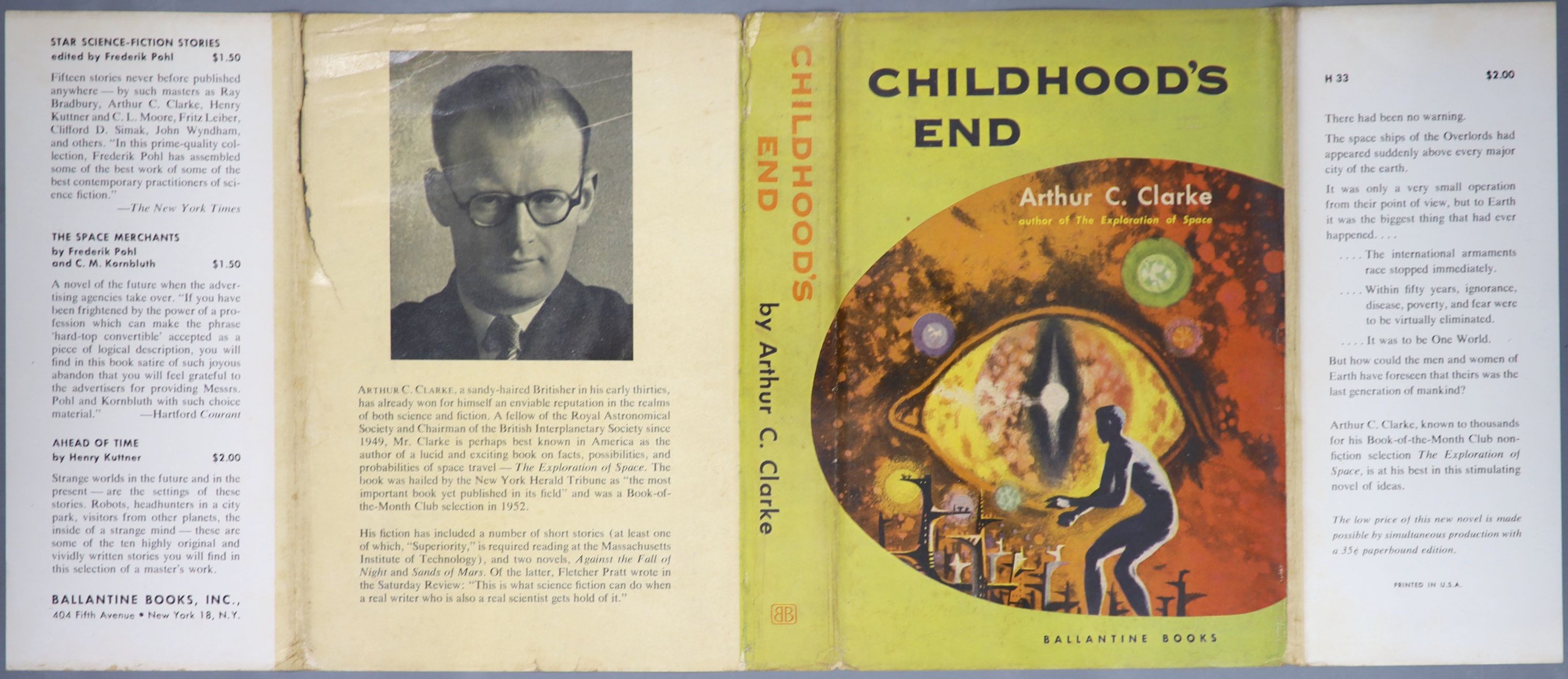 Clarke, Arthur C - Childhood’s End, 1st edition, red cloth, in unclipped d/j, with 1 inch tear to rear head of spine, 4 inch split to rear folded edge, Ballantine Books, New York, 1953